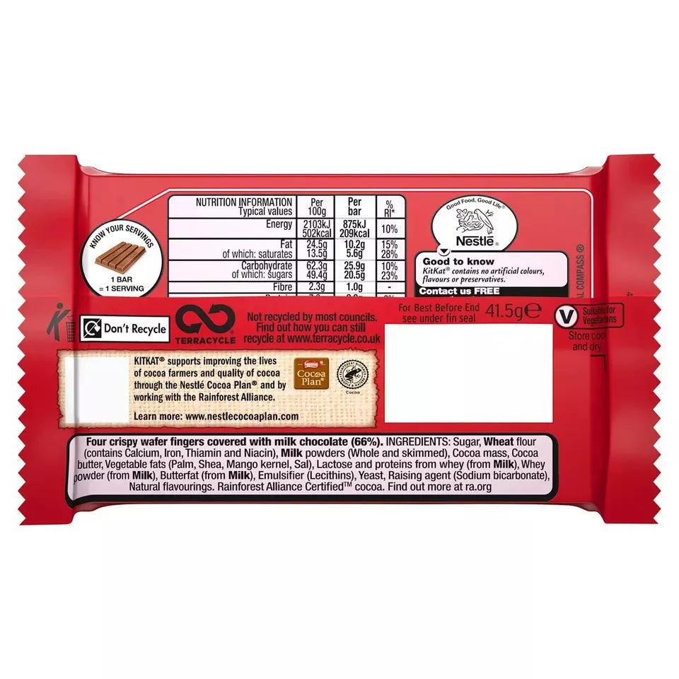 Kit Kat 4 Finger Milk Chocolate Bars 41.5g (Pack of 24) | Bulk Buy