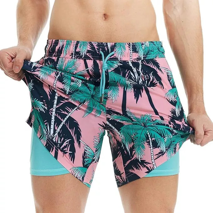 Mens Swim Shorts with Compression Liner 4-Way Stretch Trunks Summer Beach Short