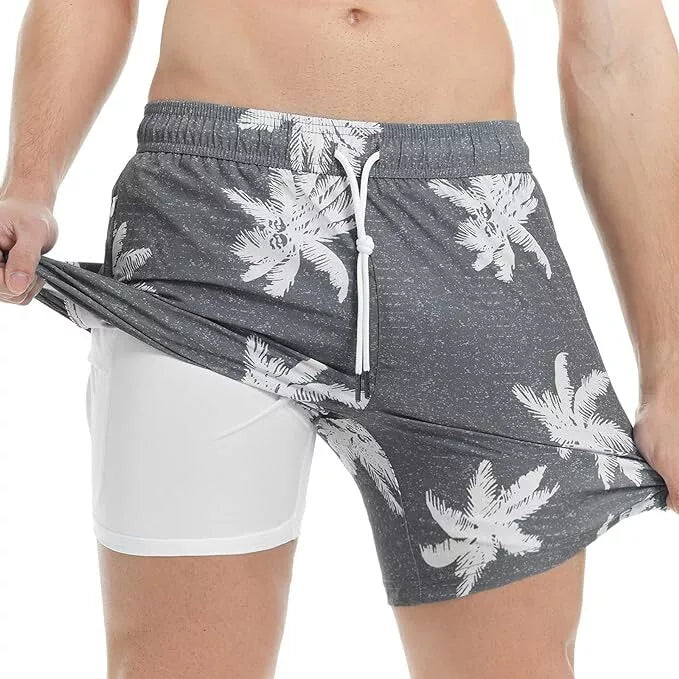 Mens Swim Shorts with Compression Liner 4-Way Stretch Trunks Summer Beach Short