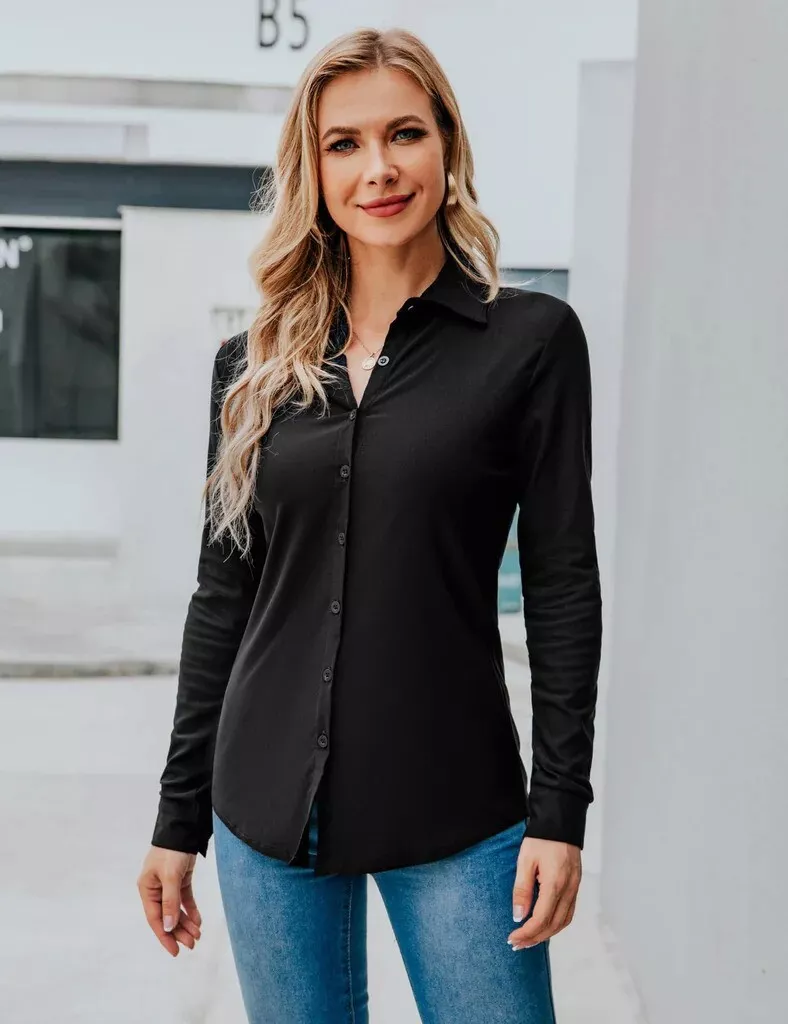 Women's Tops Slim Fit Long Sleeve Shirts Office Girls V Neck Ladies Blouse Black