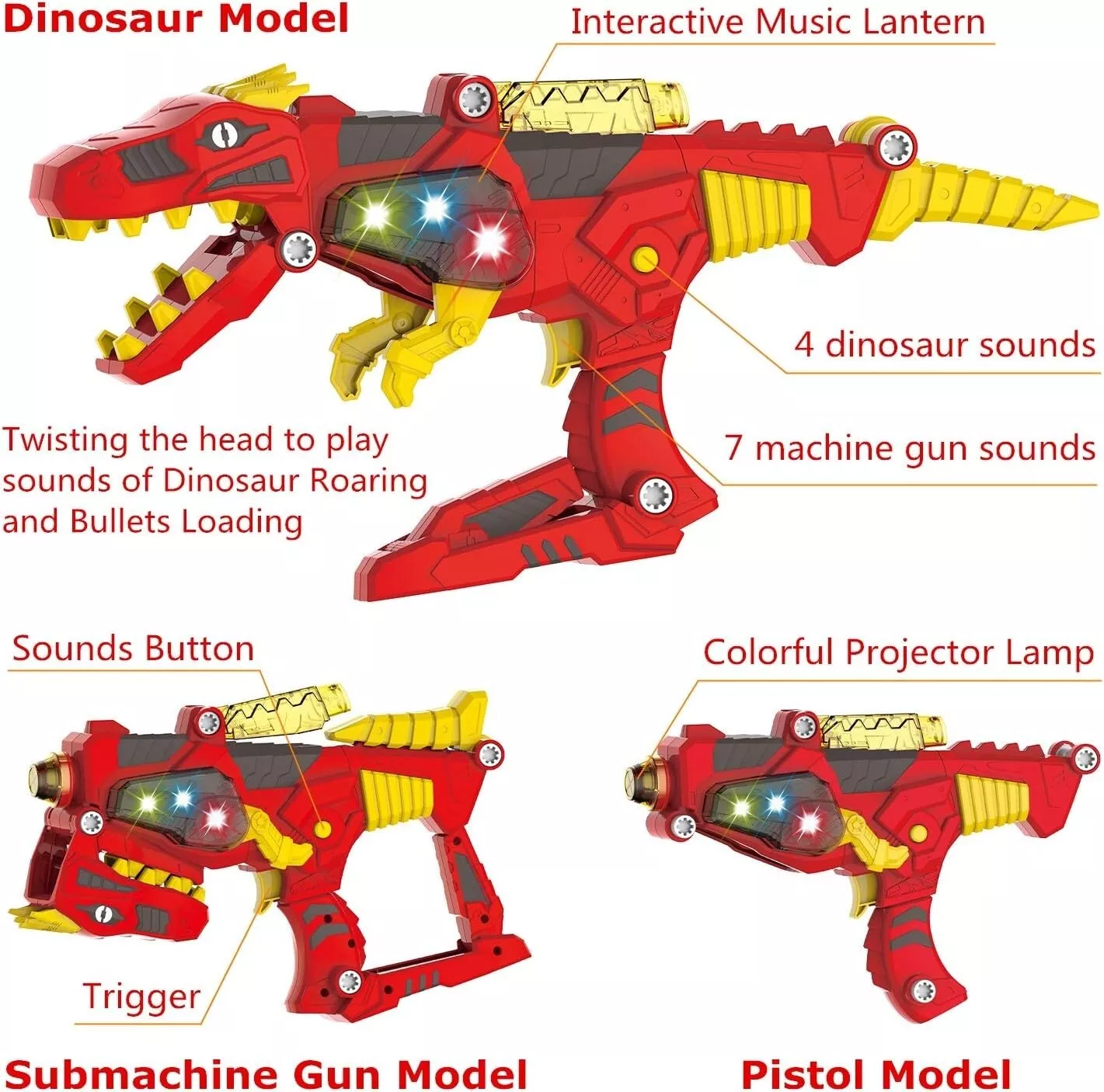 3-in-1 Transforming Dinosaur Toy Blaster - Lights & Sound - Large Full Size Kids