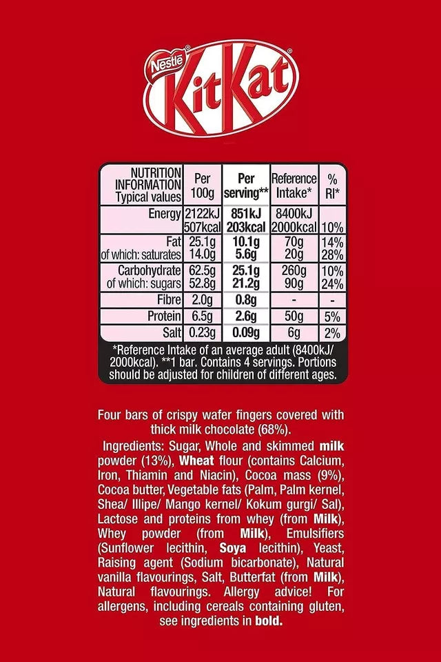 Nestle KitKat 4 Finger Chocolate Bars 41.5g - 24 Pieces - Original Edition Candy (Full Box)