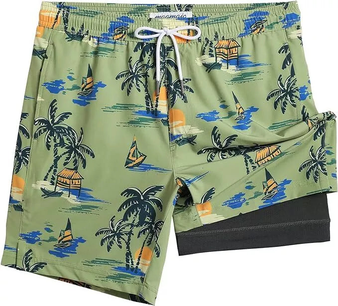 Mens Swim Shorts with Compression Liner 4-Way Stretch Trunks Summer Beach Short