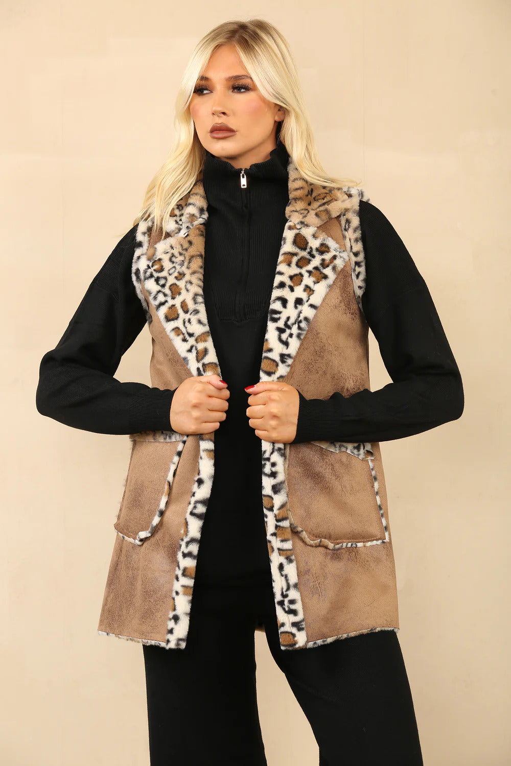 Daisy Women’s Suede Leopard Print Waist Coat Casual Vest Sleeveless Jacket