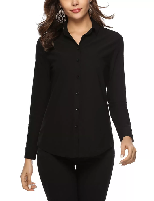 Women's Tops Slim Fit Long Sleeve Shirts Office Girls V Neck Ladies Blouse Black