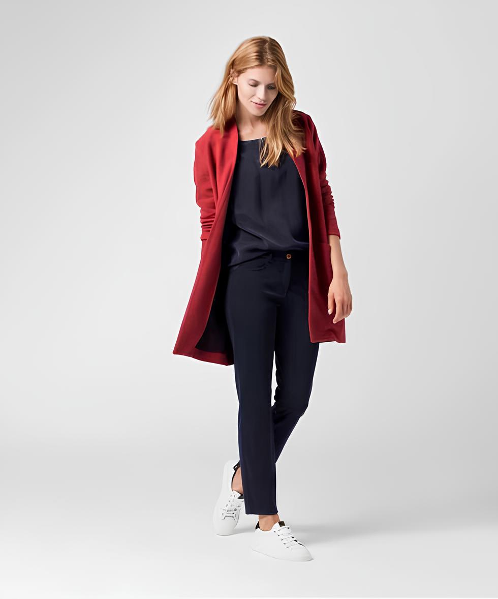 BRAX Romy Women's Long Burgundy Cotton Coat Open Front with Pockets