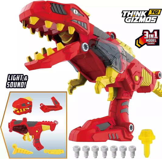 3-in-1 Transforming Dinosaur Toy Blaster - Lights & Sound - Large Full Size Kids