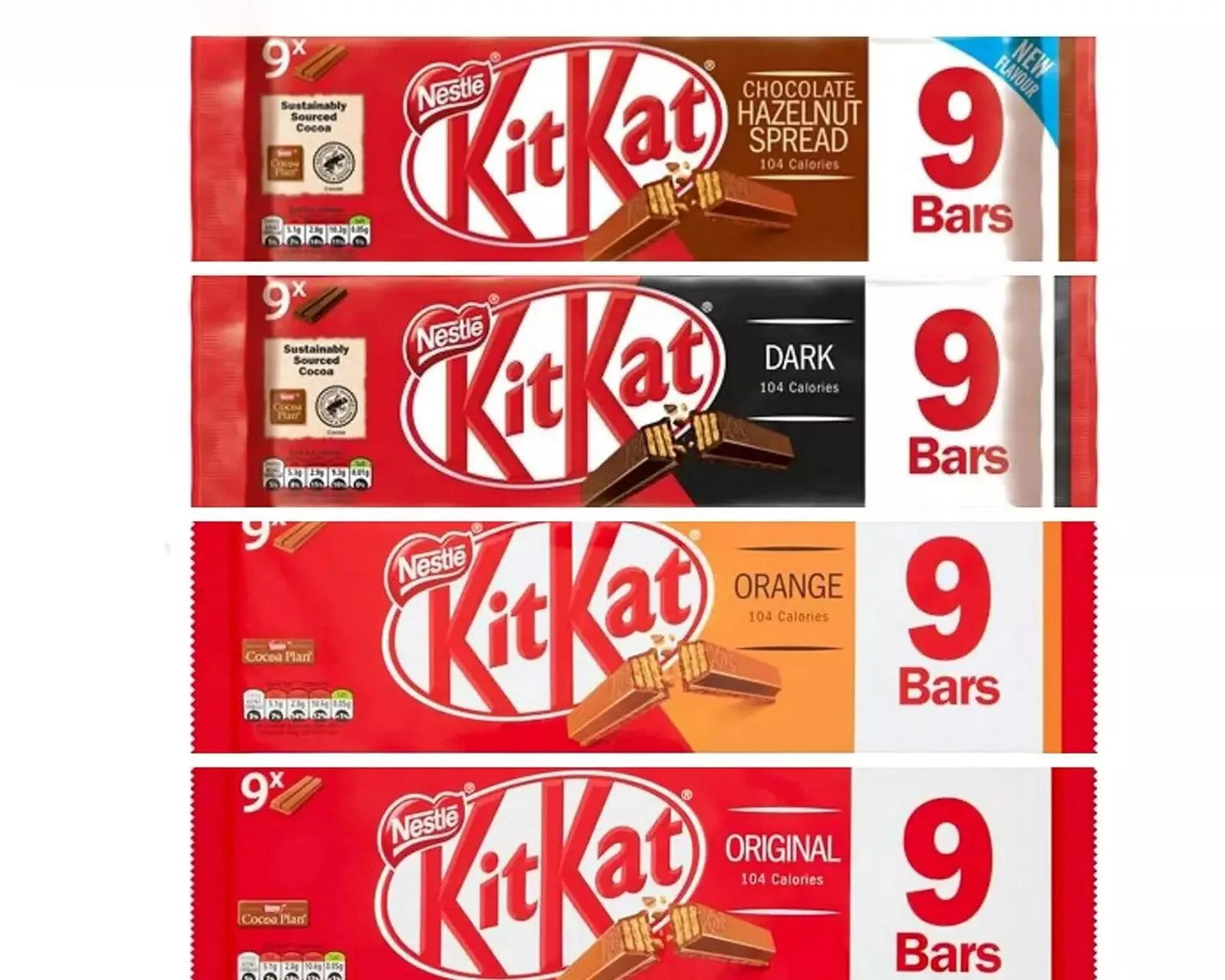 kit Kat 2 Finger Mixed Set 4 x 9 Bars(36 Bars)of KitKat Original Hazelnut orange