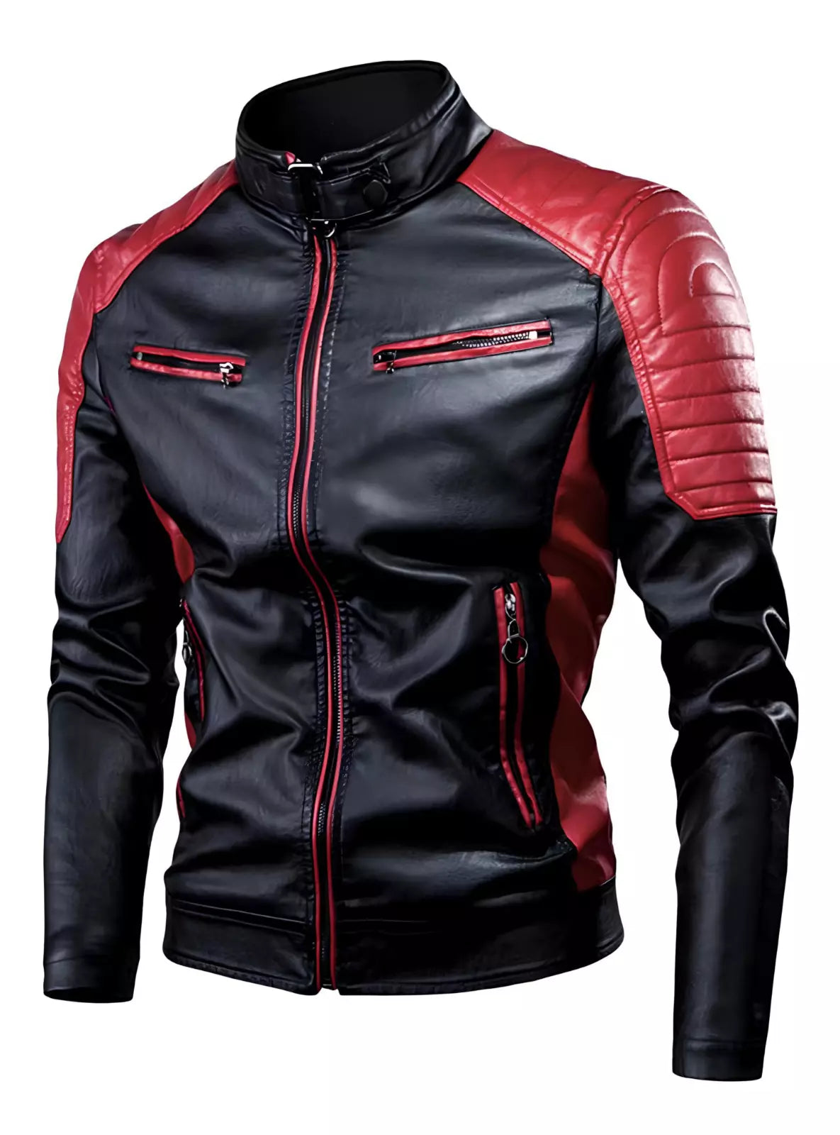 Men's Black & Red Faux Leather Biker Jacket - Trendy Moto Style