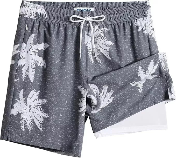 Mens Swim Shorts with Compression Liner 4-Way Stretch Trunks Summer Beach Short