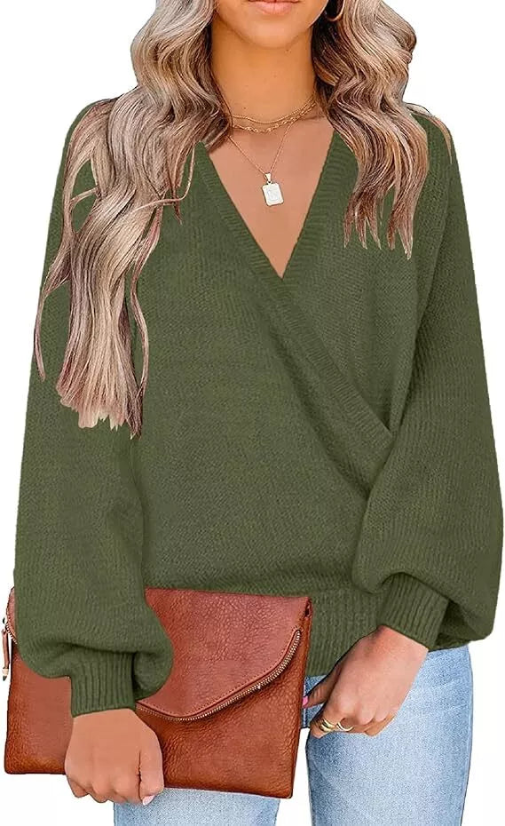 Women's Luxury Long Sleeve Knit Sweater V Neck Top Loden Jumper Pullover Green