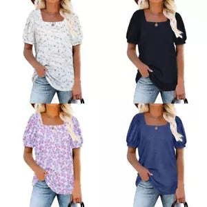 TASAMO Women’s Floral Tops Square Neck Short Sleeve Casual Blouse T-Shirt UK