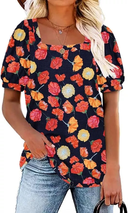 TASAMO Women’s Floral Tops Square Neck Short Sleeve Casual Blouse T-Shirt UK