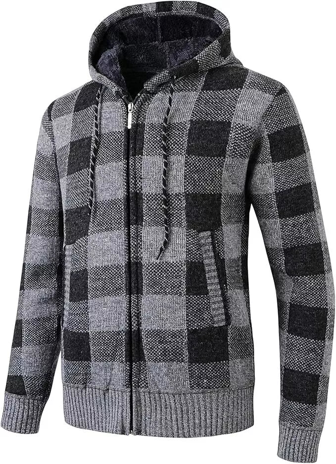 Mens Cardigan Check Pattern Fleece Cardigans Long Sleeve Knitwear Jumper Sweater