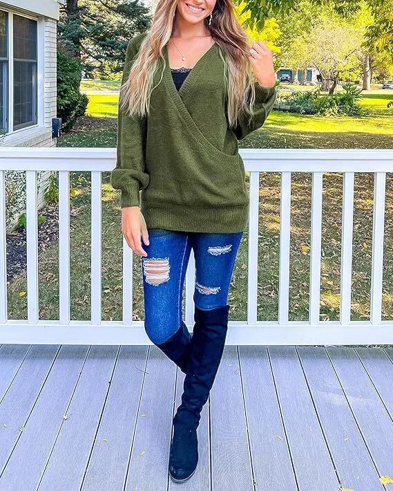 Women's Luxury Long Sleeve Knit Sweater V Neck Top Loden Jumper Pullover Green