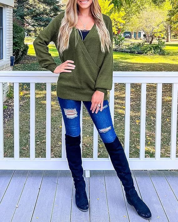 Women's Luxury Long Sleeve Knit Sweater V Neck Top Loden Jumper Pullover Green