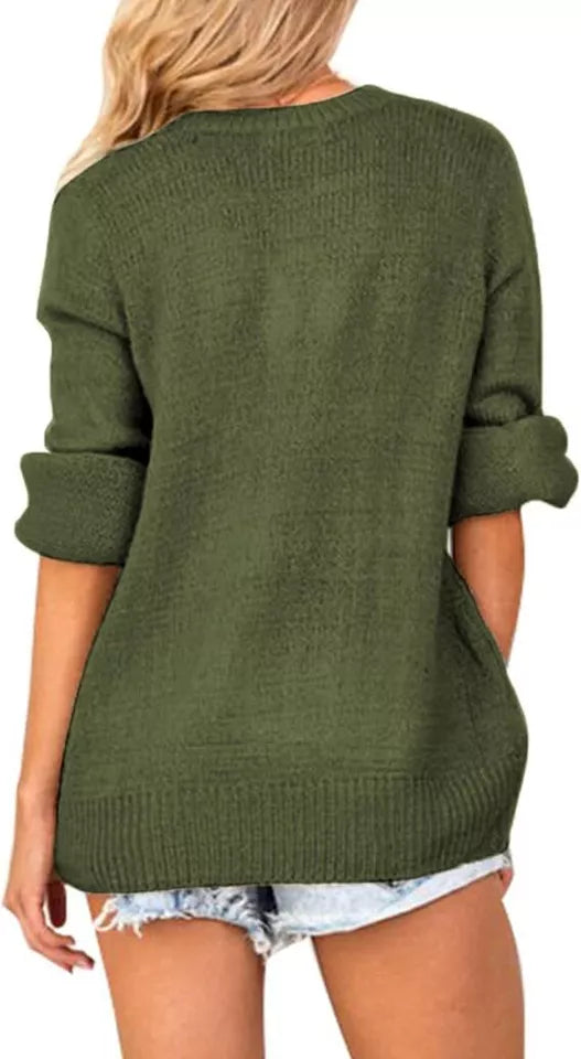 Women's Luxury Long Sleeve Knit Sweater V Neck Top Loden Jumper Pullover Green