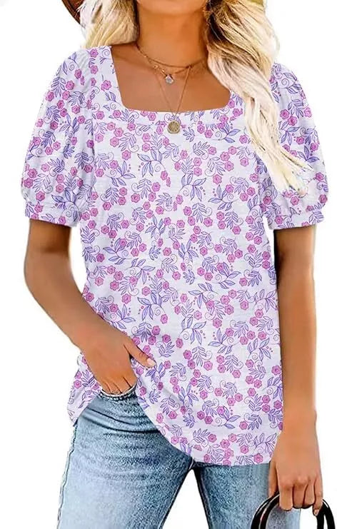 TASAMO Women’s Floral Tops Square Neck Short Sleeve Casual Blouse T-Shirt UK