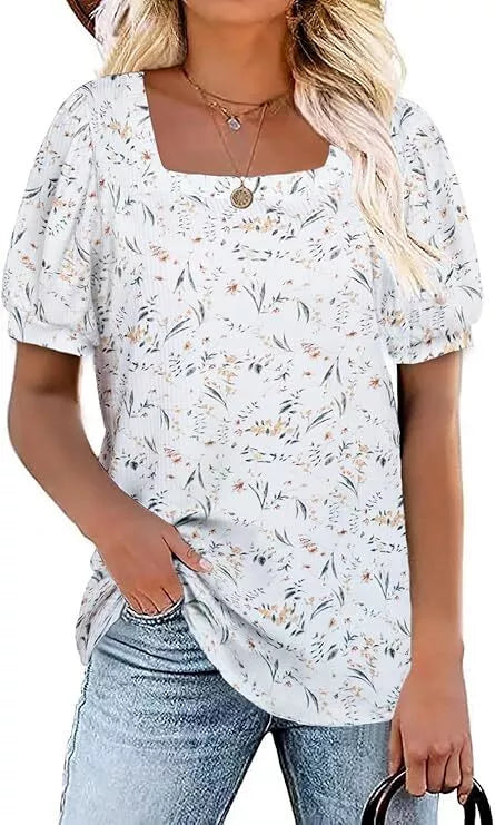 TASAMO Women’s Floral Tops Square Neck Short Sleeve Casual Blouse T-Shirt UK