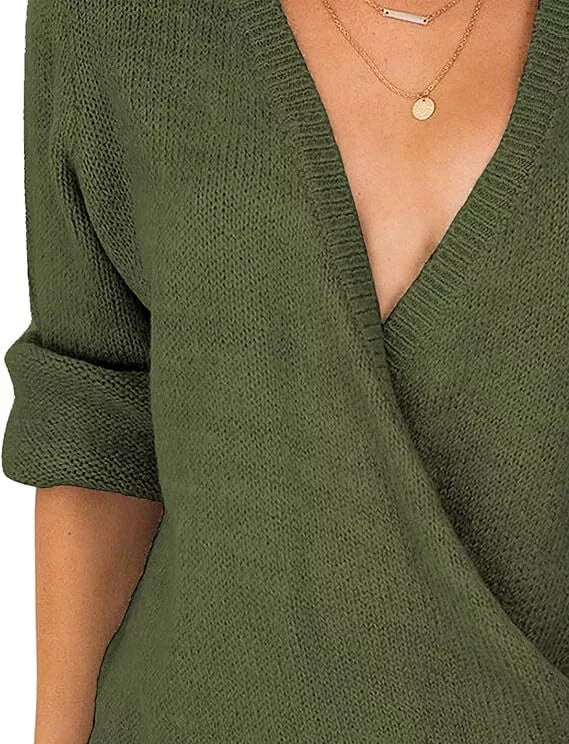 Women's Luxury Long Sleeve Knit Sweater V Neck Top Loden Jumper Pullover Green