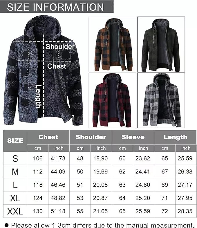 Mens Cardigan Check Pattern Fleece Cardigans Long Sleeve Knitwear Jumper Sweater