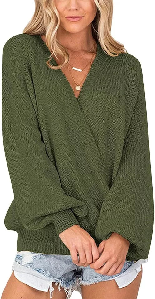 Women's Luxury Long Sleeve Knit Sweater V Neck Top Loden Jumper Pullover Green